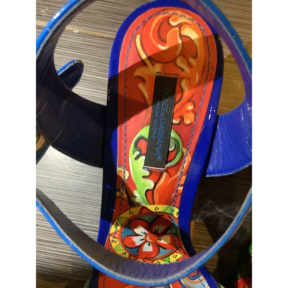 Dolce & Gabbana Carretto Siciliano Print Wedge‎ Sandals Blue Patent Leather 37 - Picture 2 of 6